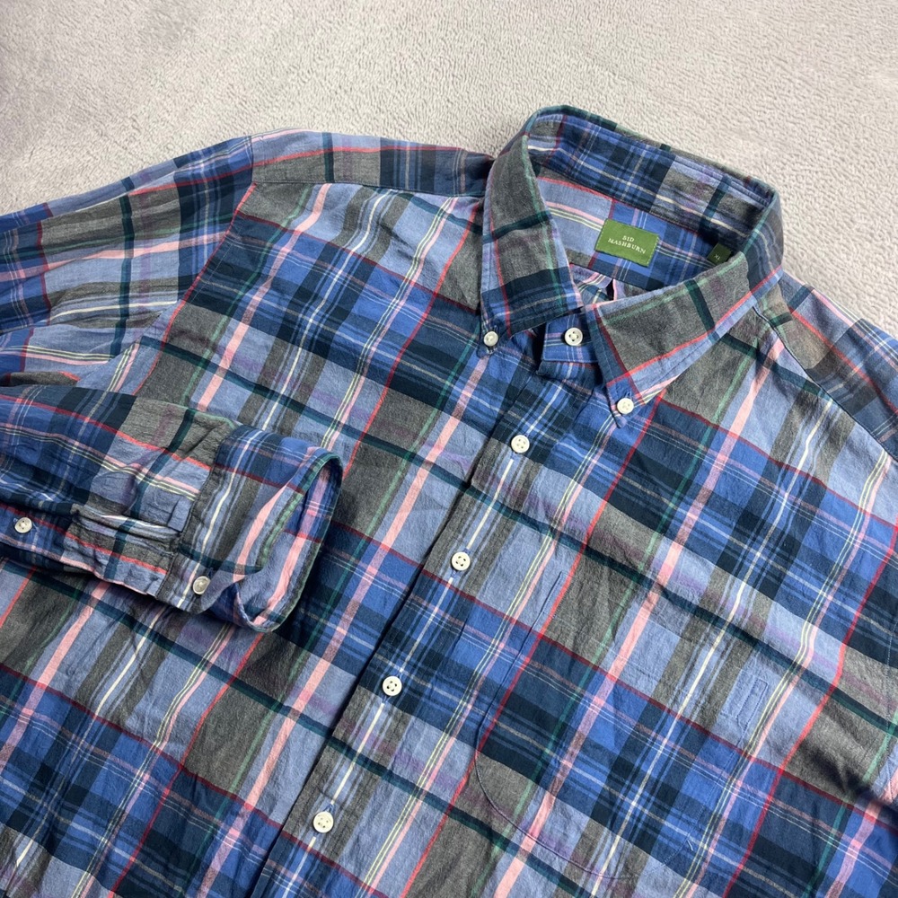 Sid Mashburn Mens XL Linen Plaid Button Down Shirt Blue Grey Pink Long Sleeve